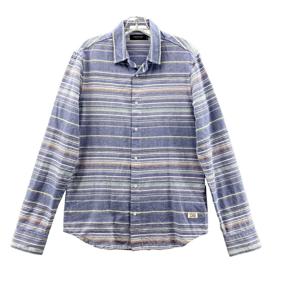 Scotch & Soda Shirt Men's Small Blue Striped Everyday Holiday Long Sleeve Preppy